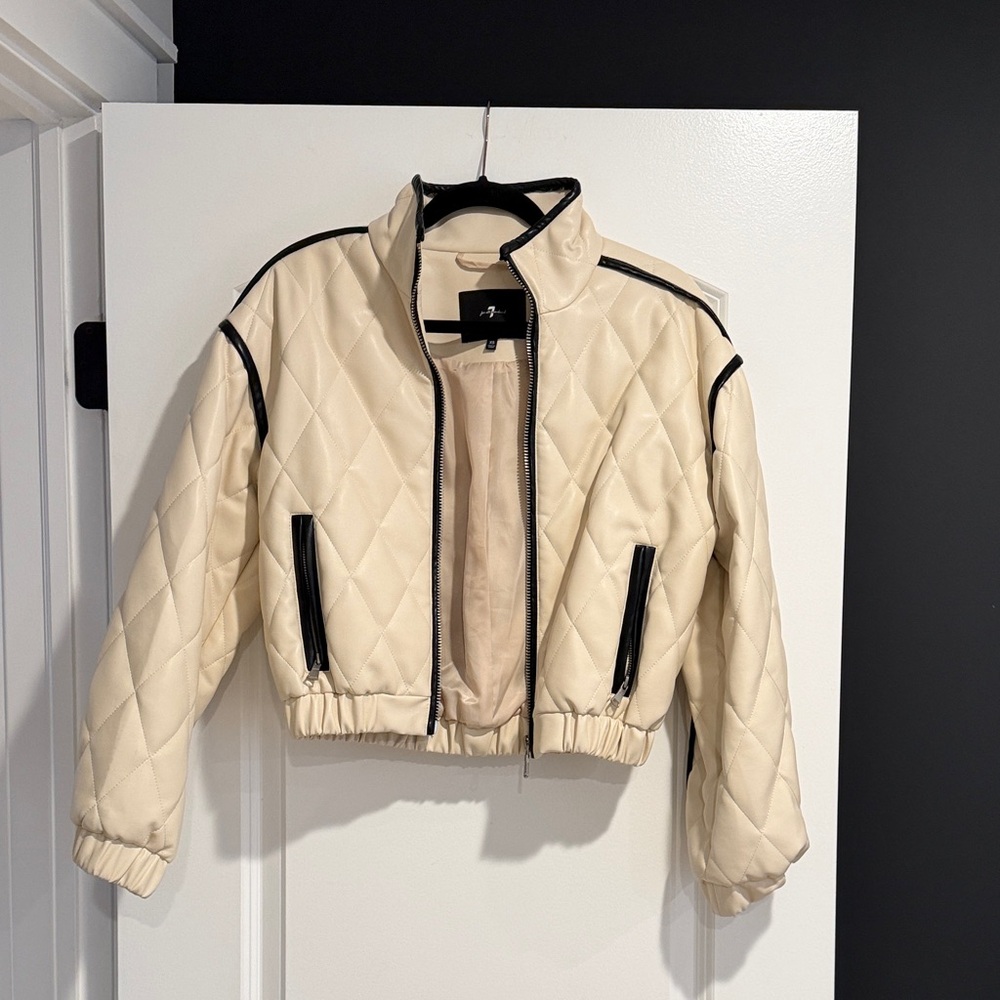 7 For All Mankind Cream Bomber Jacket with Black Trim